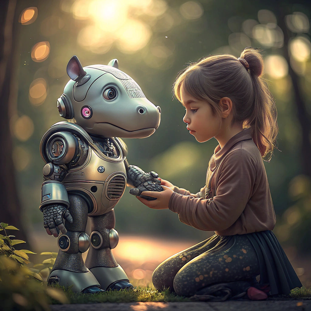 Cyborg Girl Holding Hippo Robot Toy