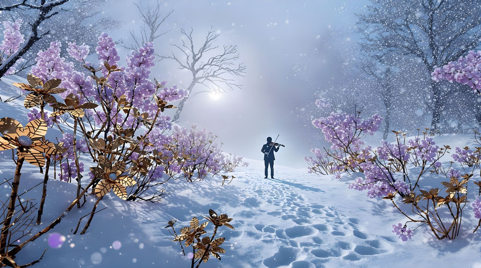 Cyberpunk Winter Landscape with Violinist and Metallic Flowe...
