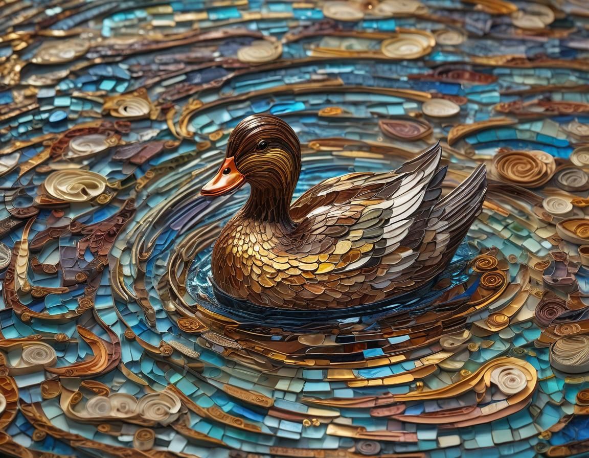 Mosaic Duck Swimming in Tile Water