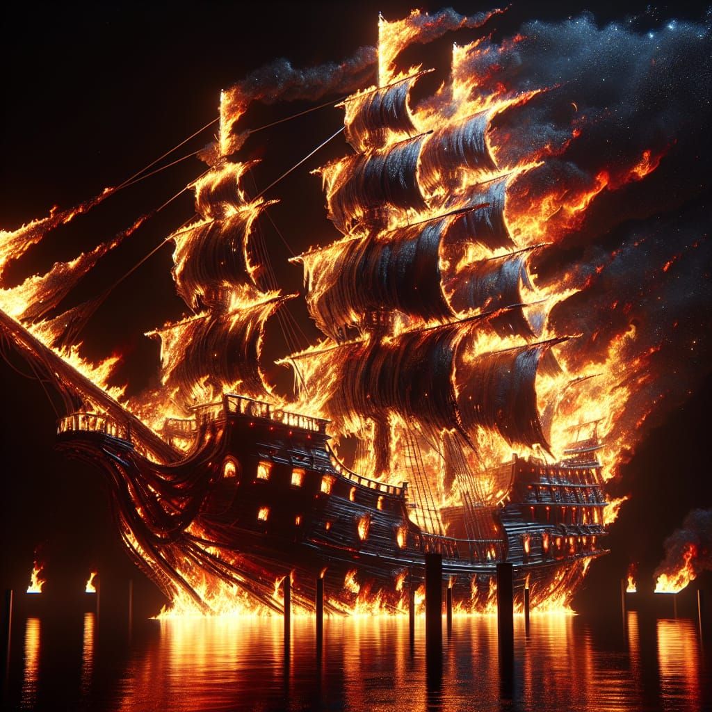 Flaming Ghost Pirate Ship on Dark Sea