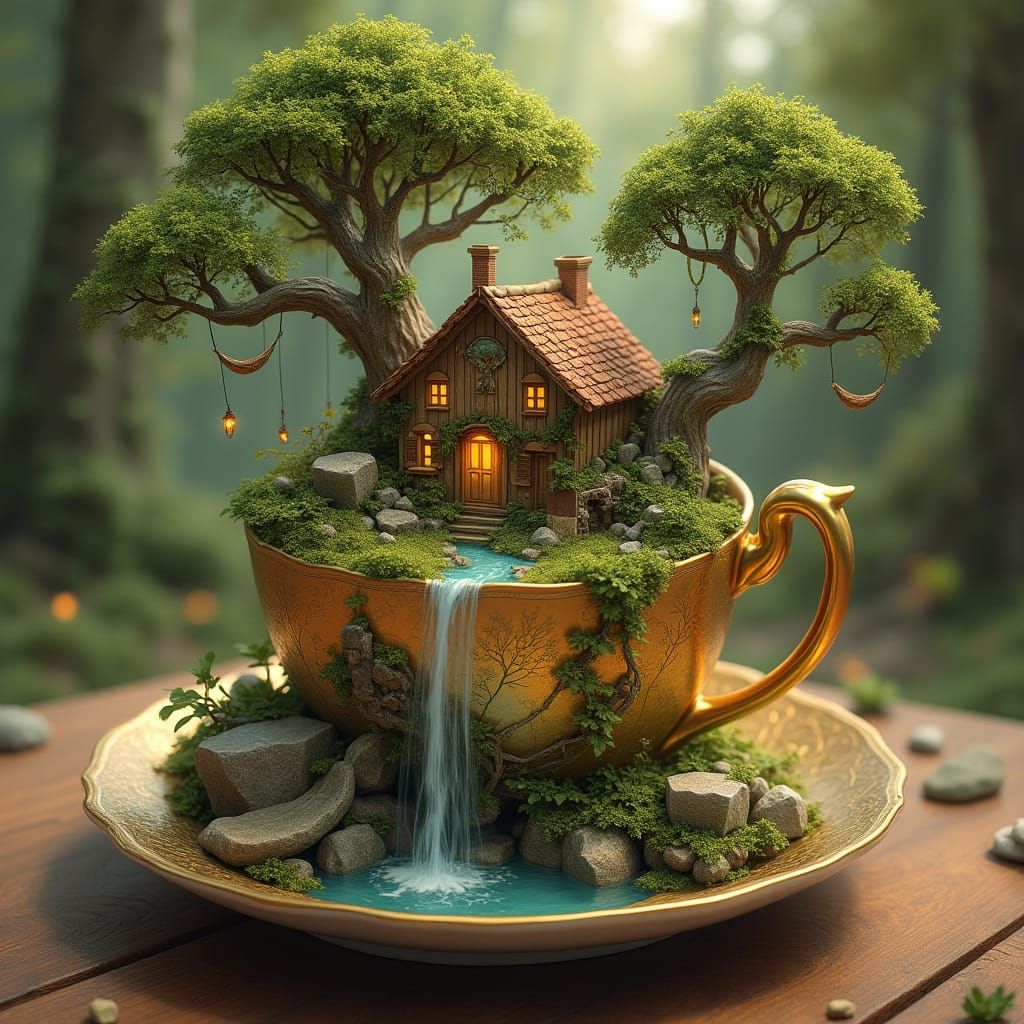 Ethereal Forest Scene within Antique Gold Teacup
