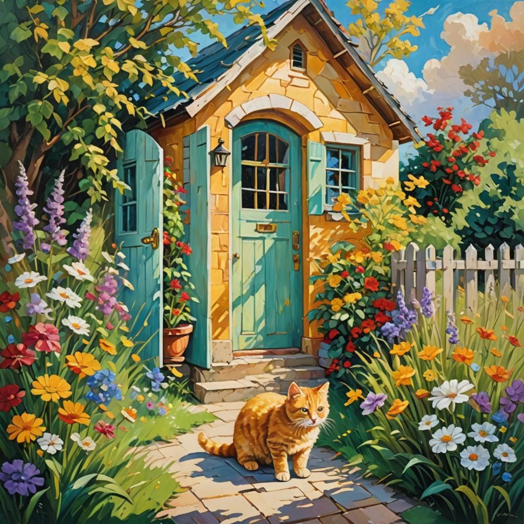 Golden House with Kitten: Neo-Impressionist Oil Painting
