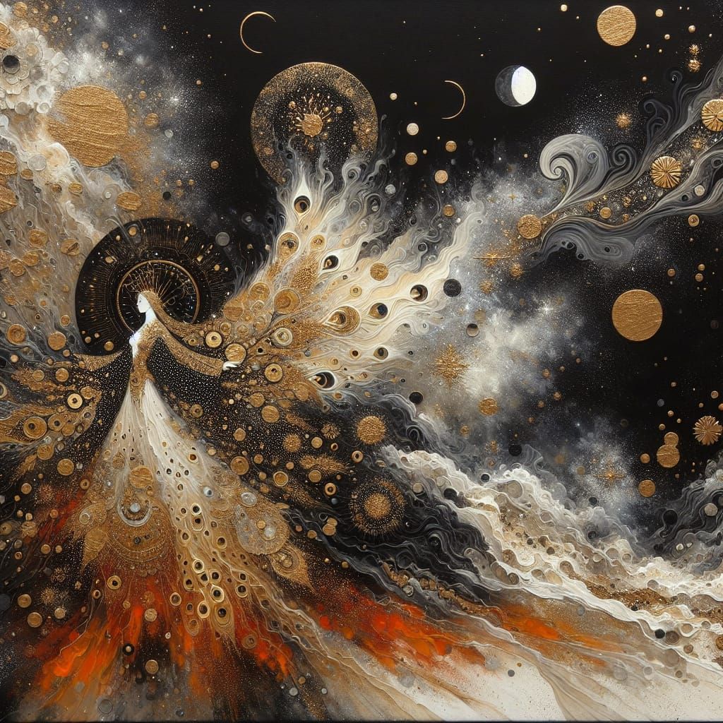 an abstract, intricate piece of art. Focus on a dark, obsidi...