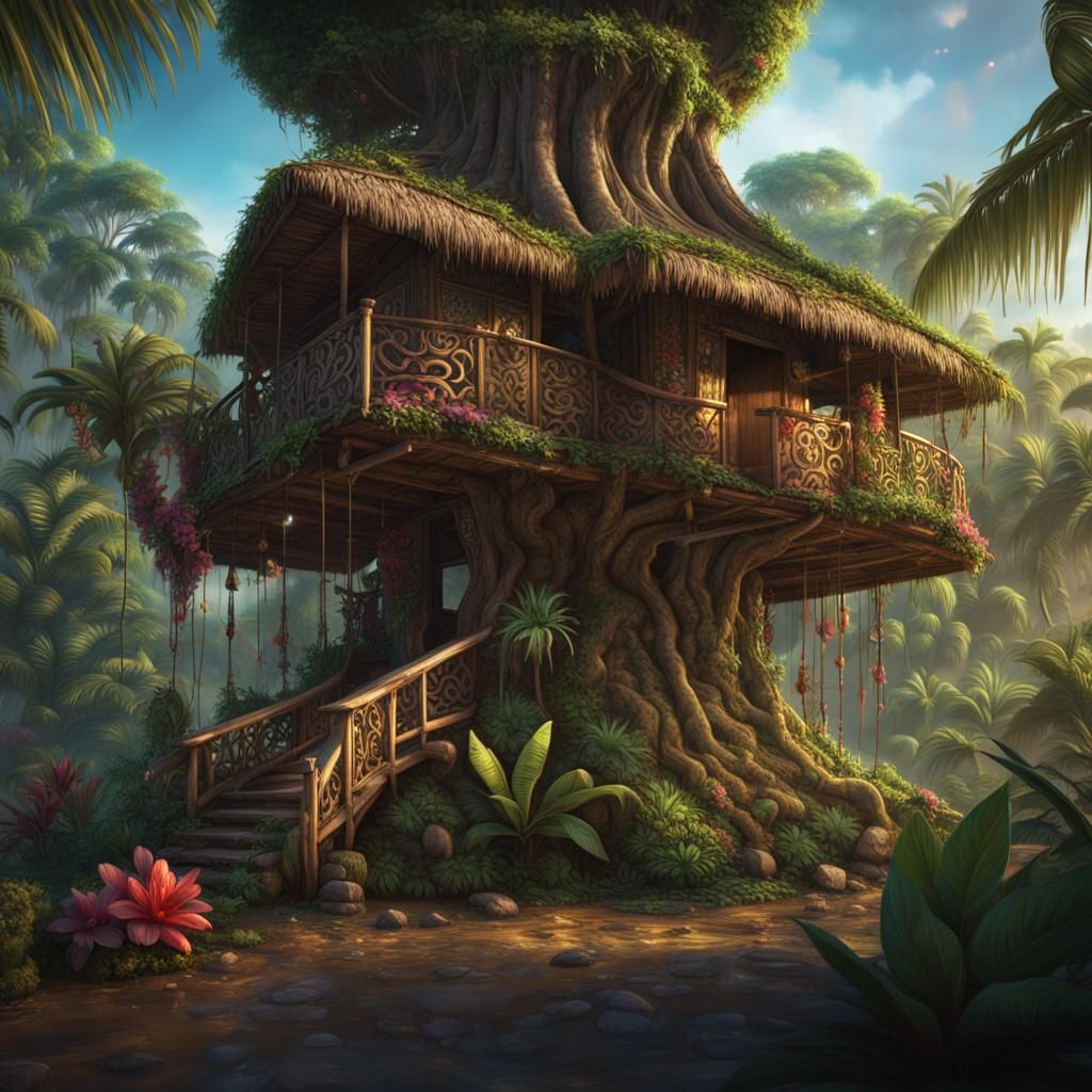 Tropical Tiki Hut Treehouse in Jungle
