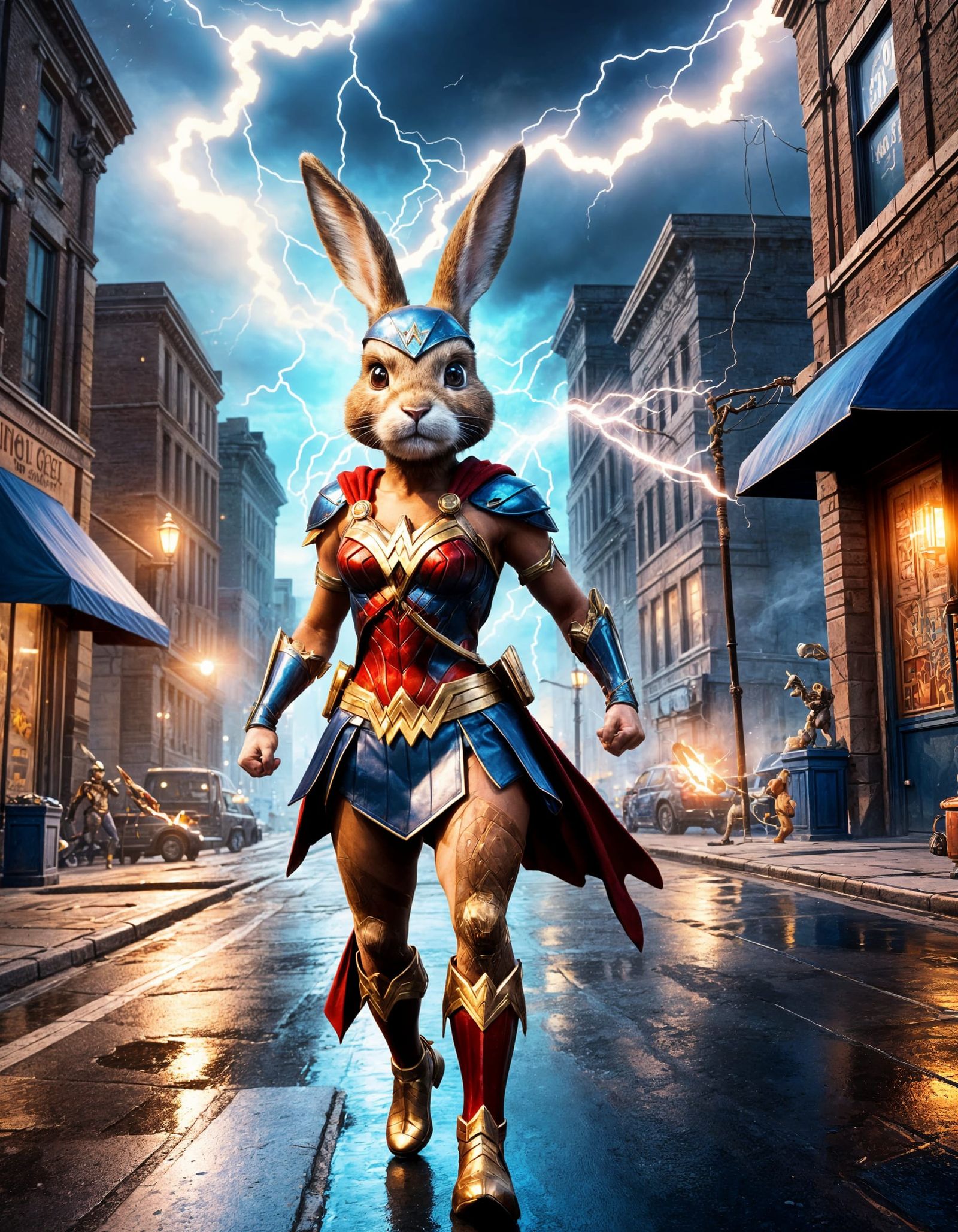 Rabbit Superhero in Vibrant Wonder Woman Costume, Detailed C...