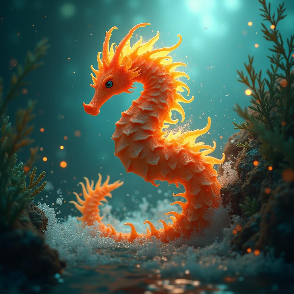 Fiery Seahorse Bursting from the Ocean Depths