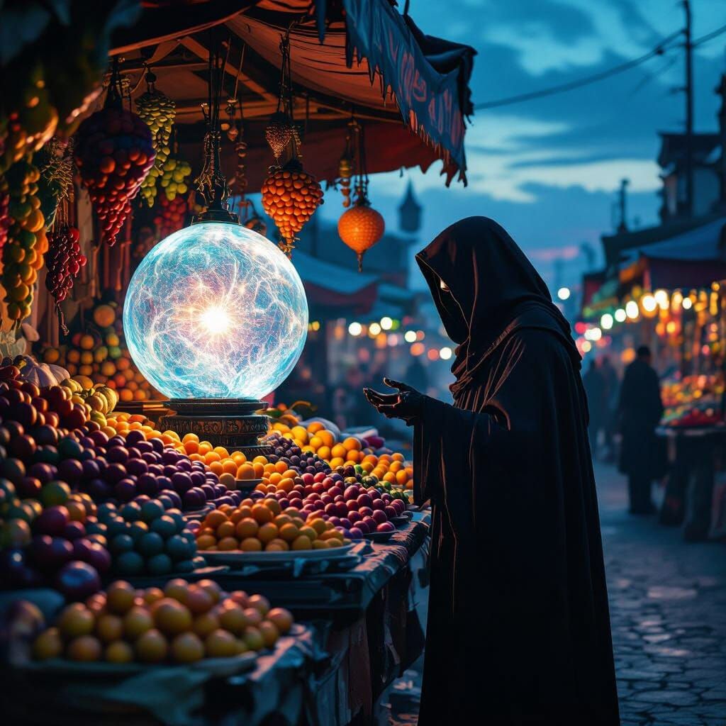 Bioluminescent Market Stall at Twilight: Impasto Style