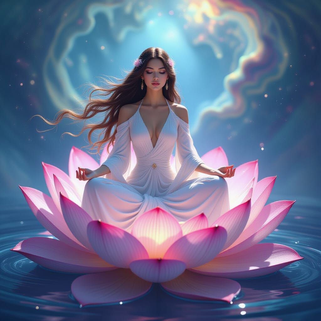 Ethereal Stardust Goddess on Bioluminescent Lotus Flower