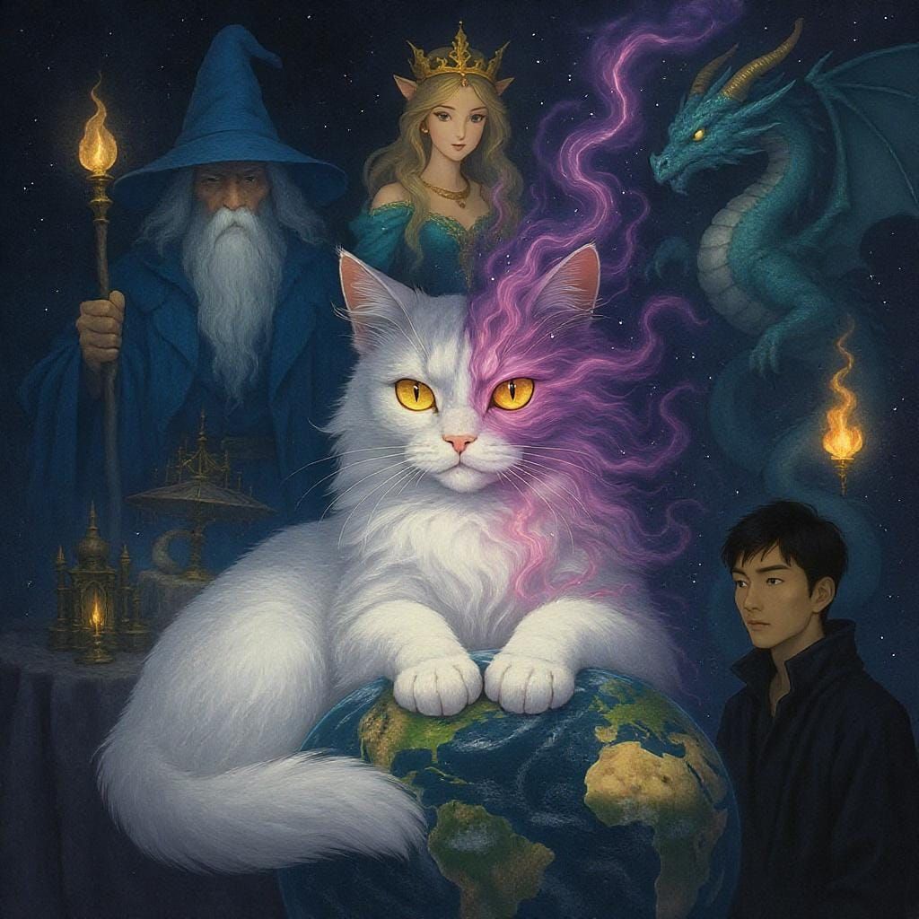 White Cat Guardian in Surreal Cyberpunk Style