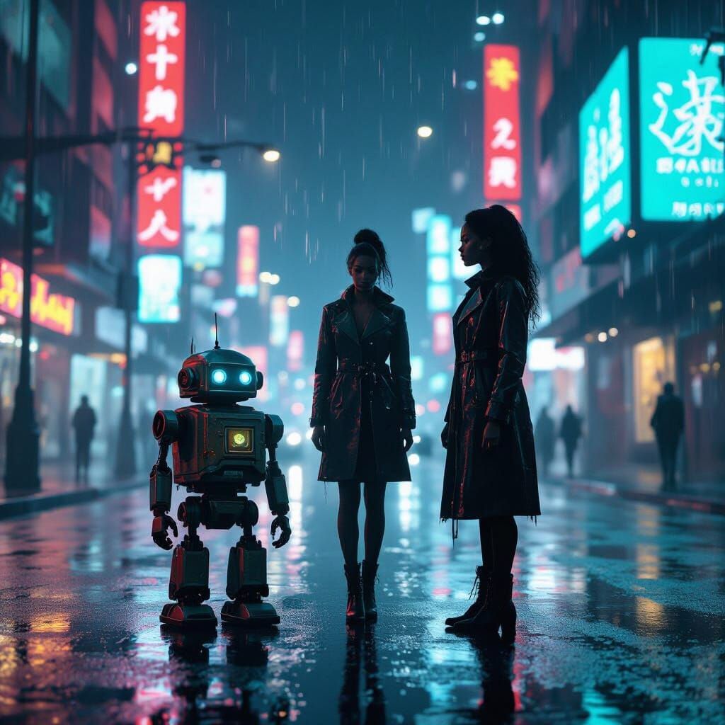 Woman and Robot on Neon Street in Digital Matte Painting Sty...