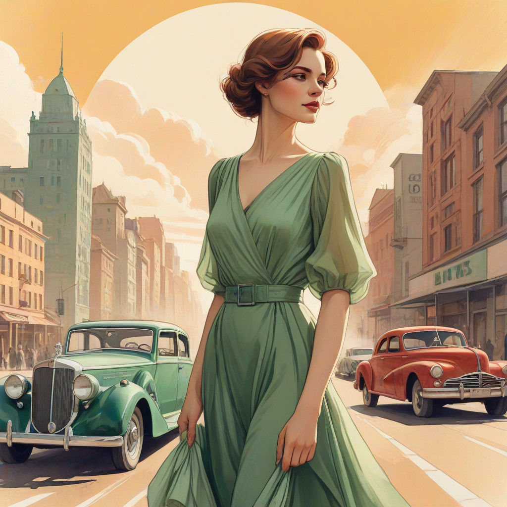 Vintage Woman Poses in Front of a Retro-Futuristic City