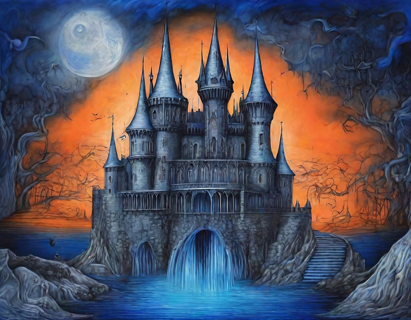 Surreal Medieval Castle in Dimly Lit Charcoal Drawing