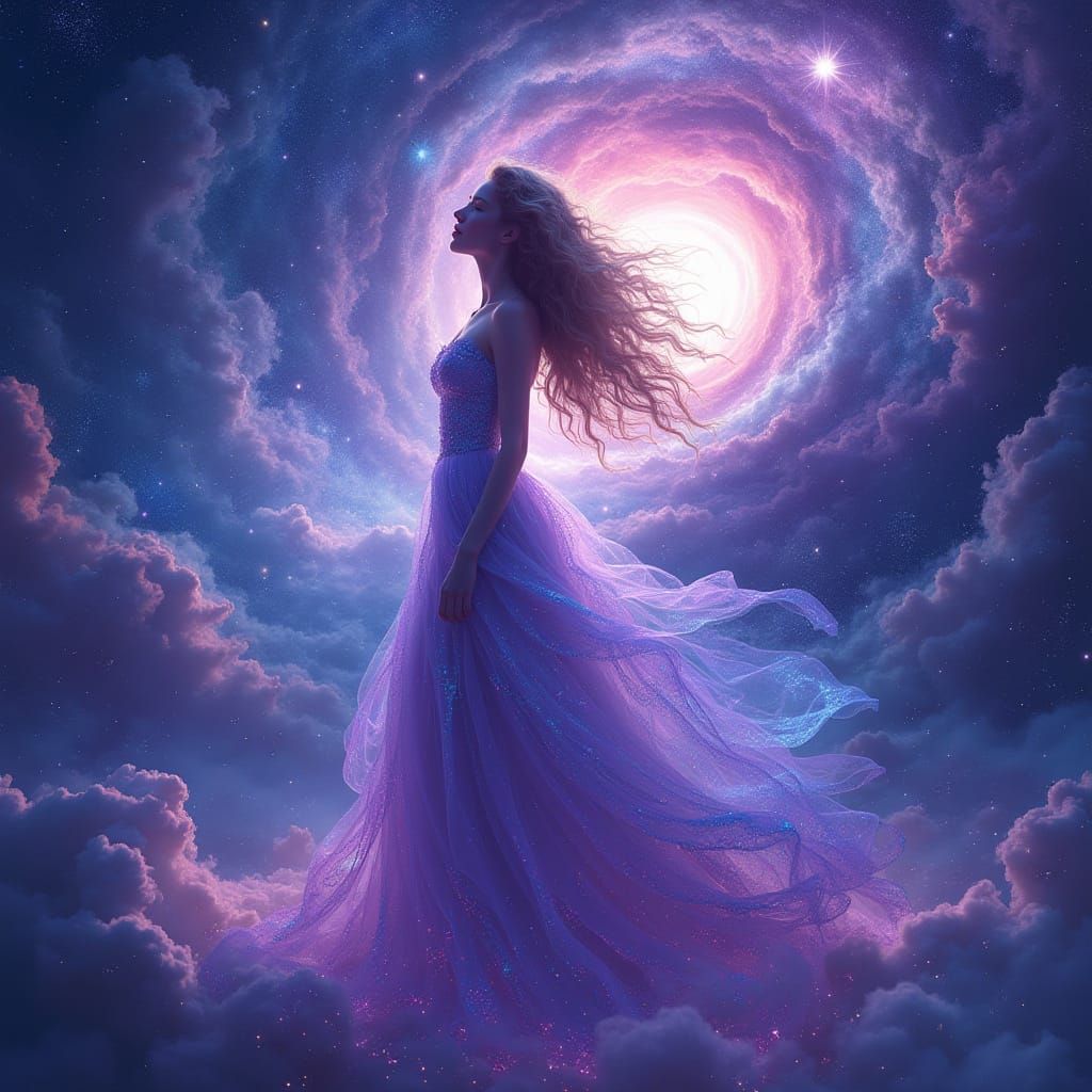 Ethereal Galaxy Maiden in Vibrant Cosmic Dreamscape