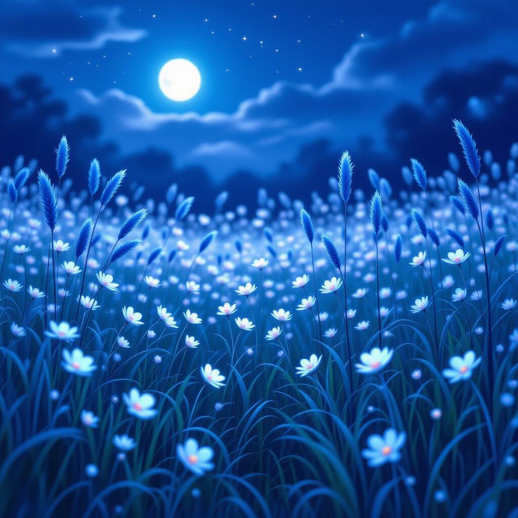 Dreamy Moonlit Meadow with Blue Pearls