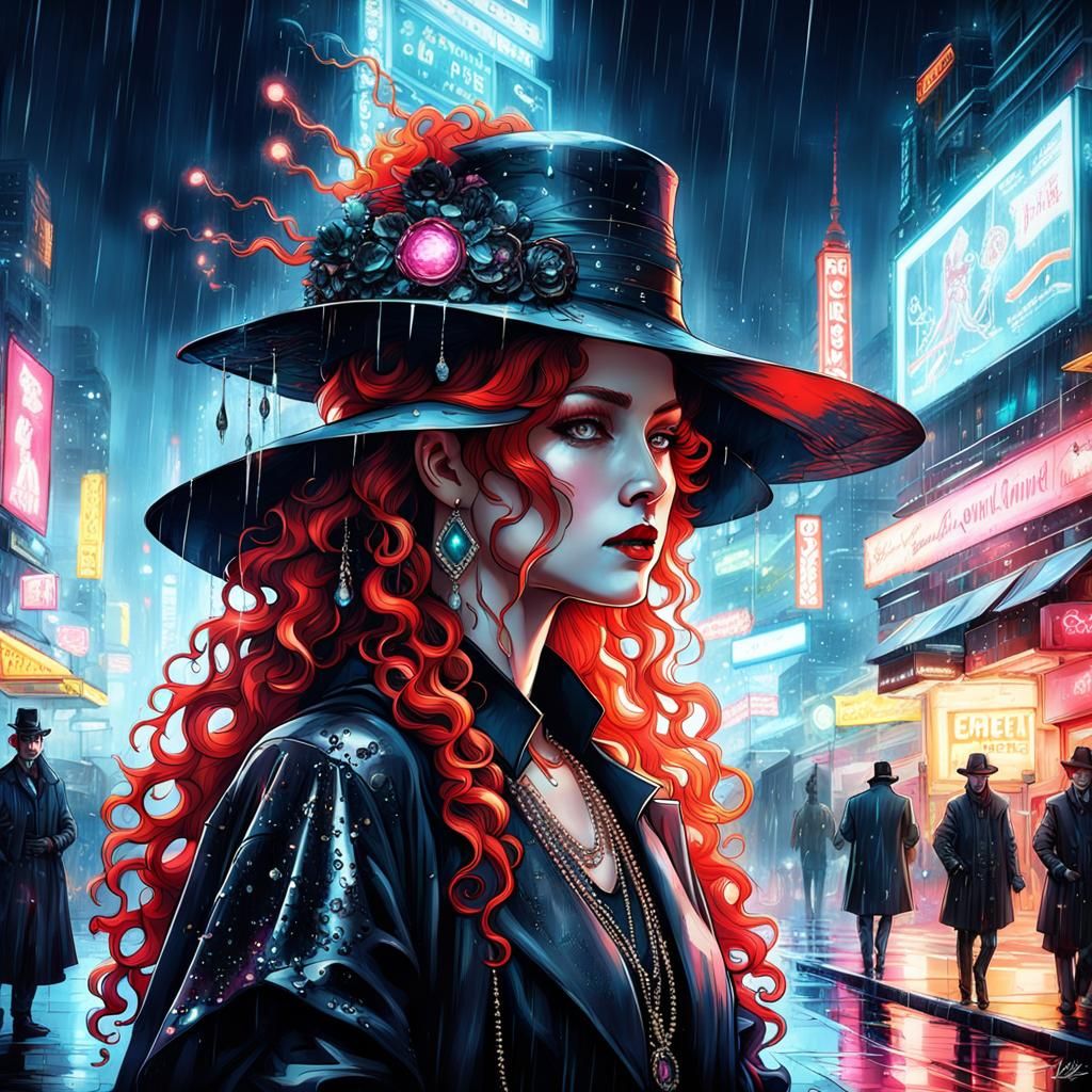 Gothic Lady with Red Hair in Cyberpunk Rainstorm