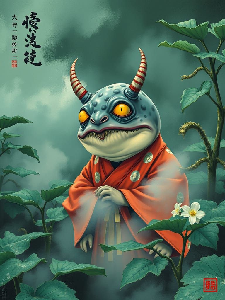 Kappa in Cucumber Farm: Retro Japanese Horror Art