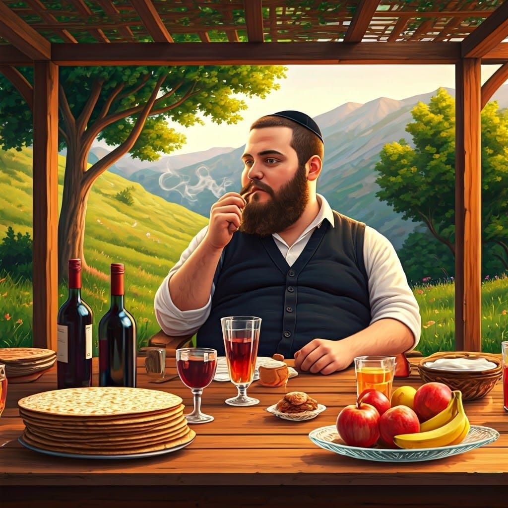 A young, fat Hasidic Jew with cropped black hair, a small be...