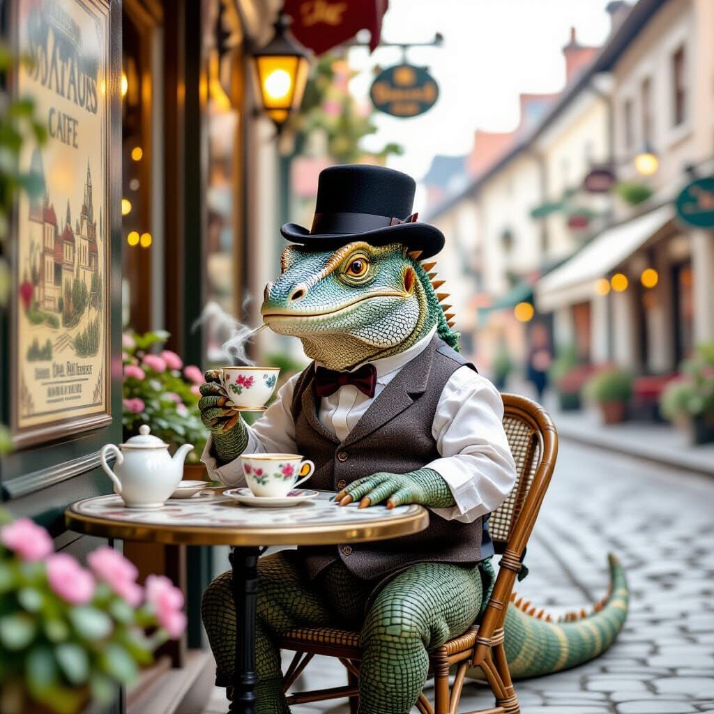 Anthropomorphic Komodo Dragon Enjoys Tea in Whimsical Cafe