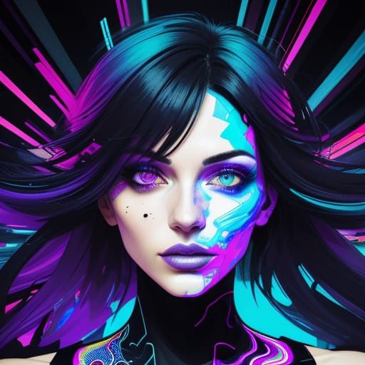 Glitching Woman Portrait with Neon Cityscape Reflections