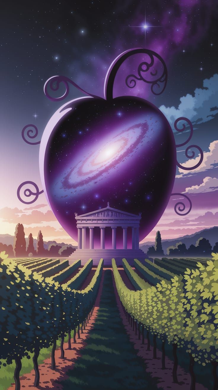 Surreal Anime-Inspired Grape Scene with Golden Hour Glow