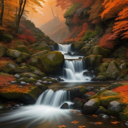 Majestic Autumn Waterfall in Golden Sunlight