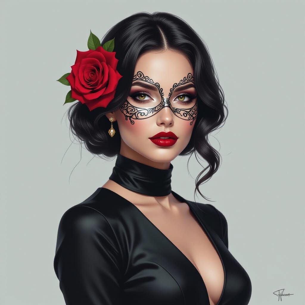 Mysterious Lady in Flowing Black Silk Dress