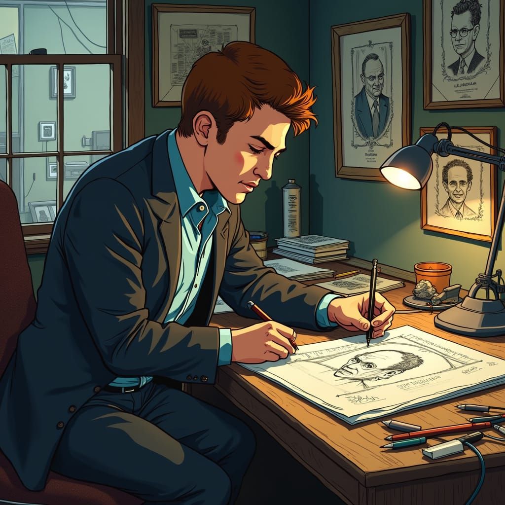 Hyper-Realistic Portrait of a Man Drawing Political Cartoons...