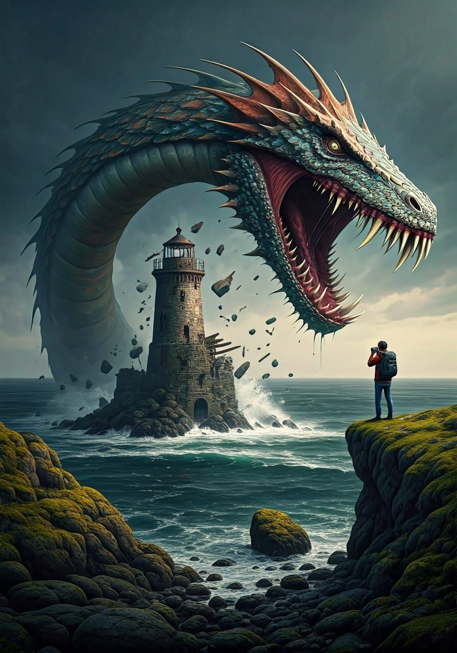 Colossal Sea Serpent Attacks Lighthouse: Surreal Fantasy Art...