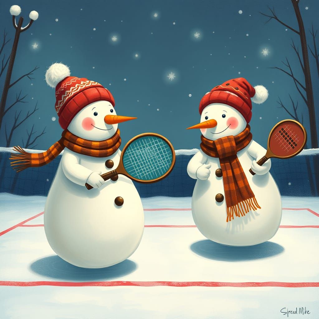 Snowmen Play Pickleball in Whimsical Winter Scene