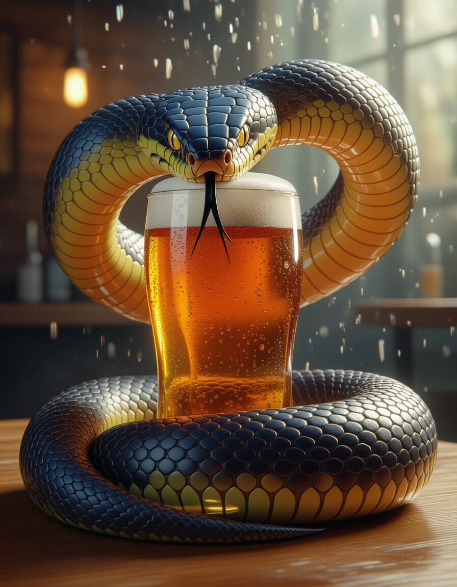 Photorealistic Snake Coiled Around Glass of Beer