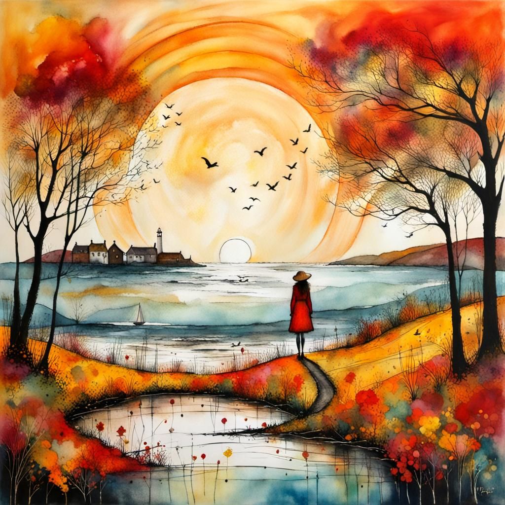 Autumn Seashore Whimsical Alcohol-Ink Illustration