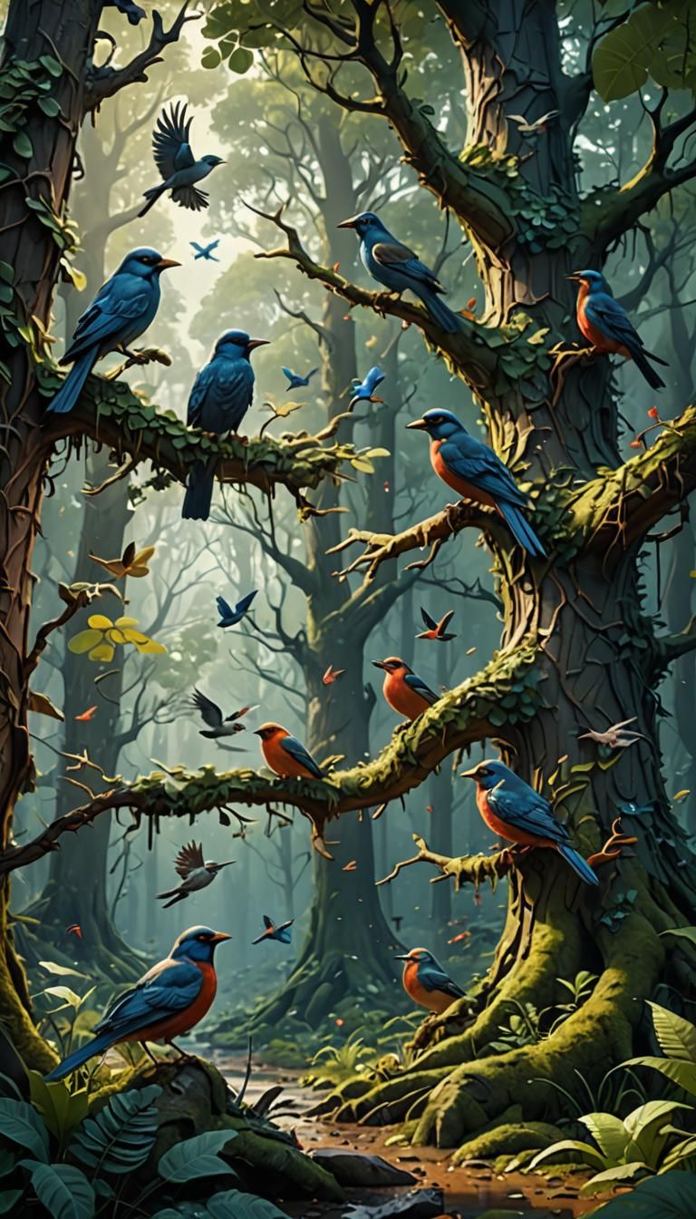Fantastical Birds in Forest Matte Painting