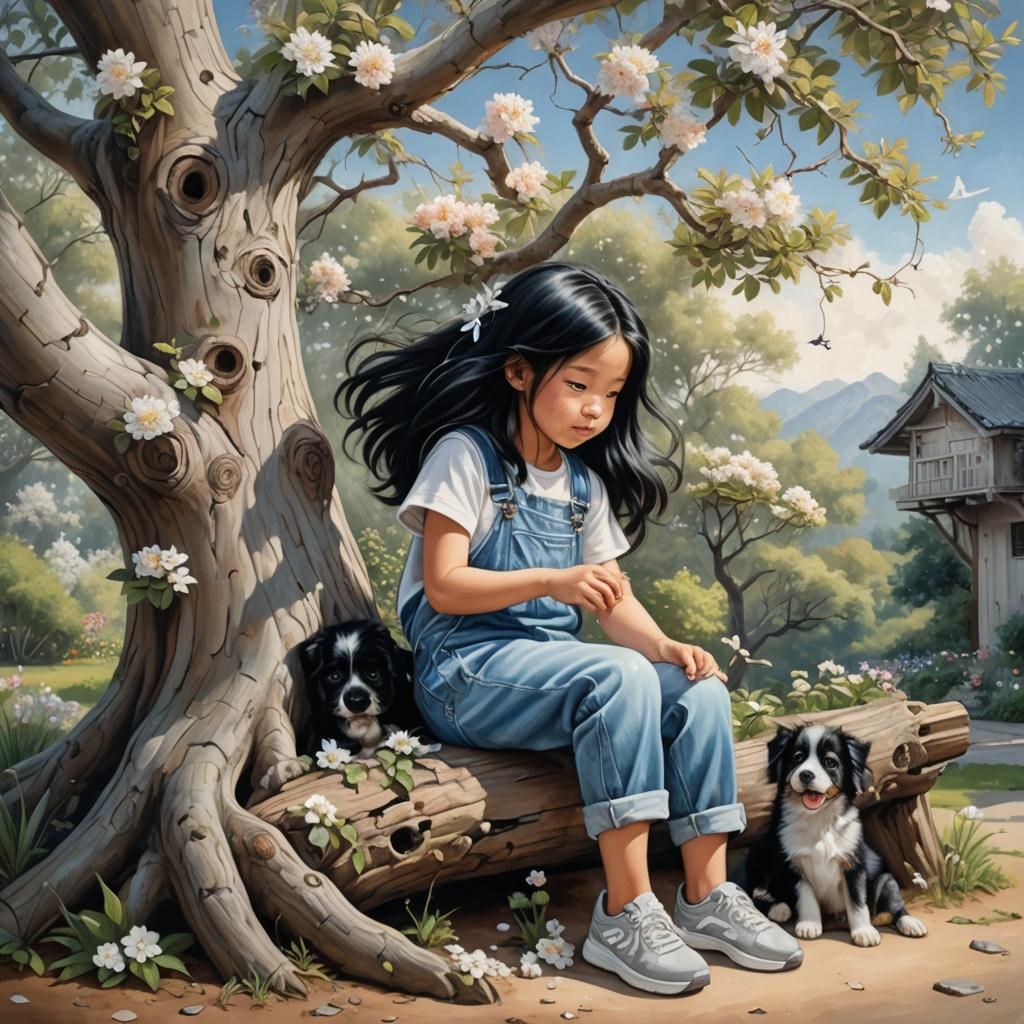 Girl and Puppy in Silver Flower Garden as Chalk Art