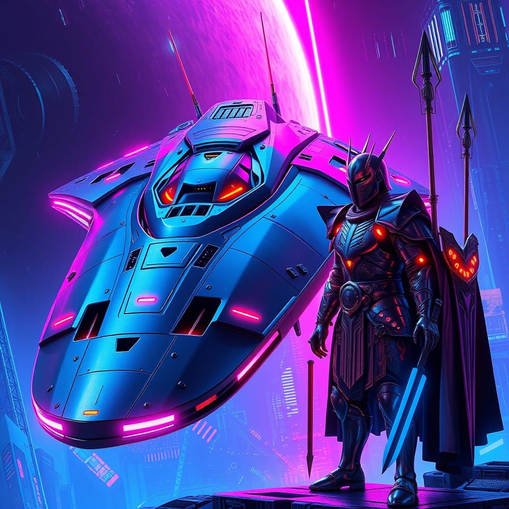 Cyberpunk Spaceship Meets Dystopian Camelot in Neon-Lit Futu...