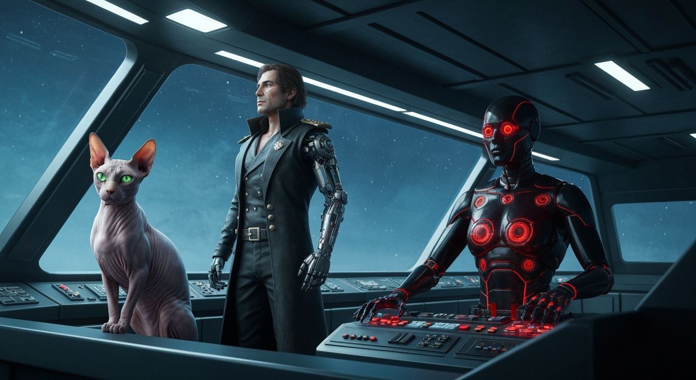 Space Pirate Captain on Starship Bridge with Cybernetic Arm ...