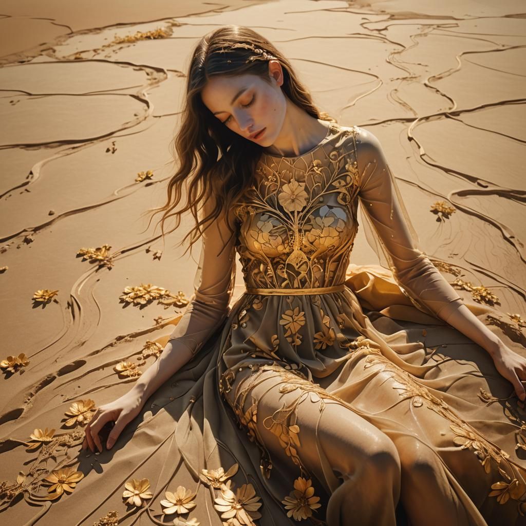 Surreal Dreamscape: Woman in Golden Floral Dress