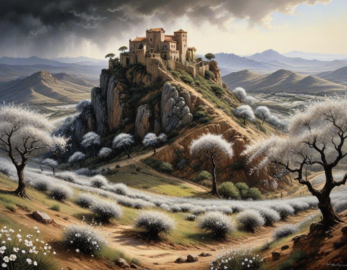 Spanish hills are covered with almond trees in bloom