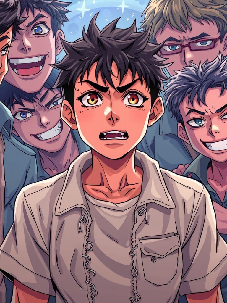 Anime Style: Gaunt Boy Surrounded by Bullies