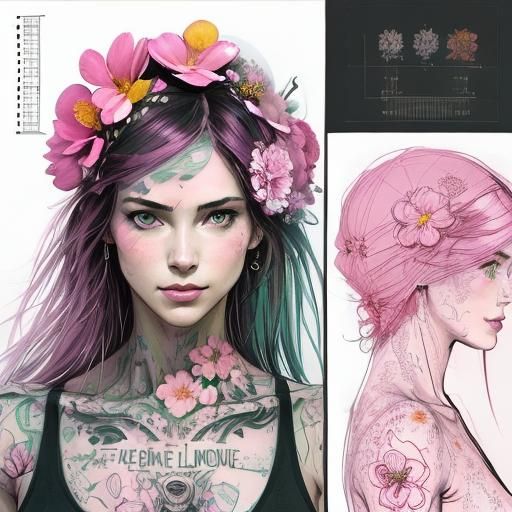 Floral Tattoo Nude in Technical Concept Art Style