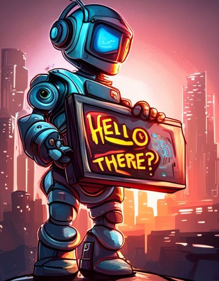 Funny Cyberpunk Robot Says Hello in Street Art