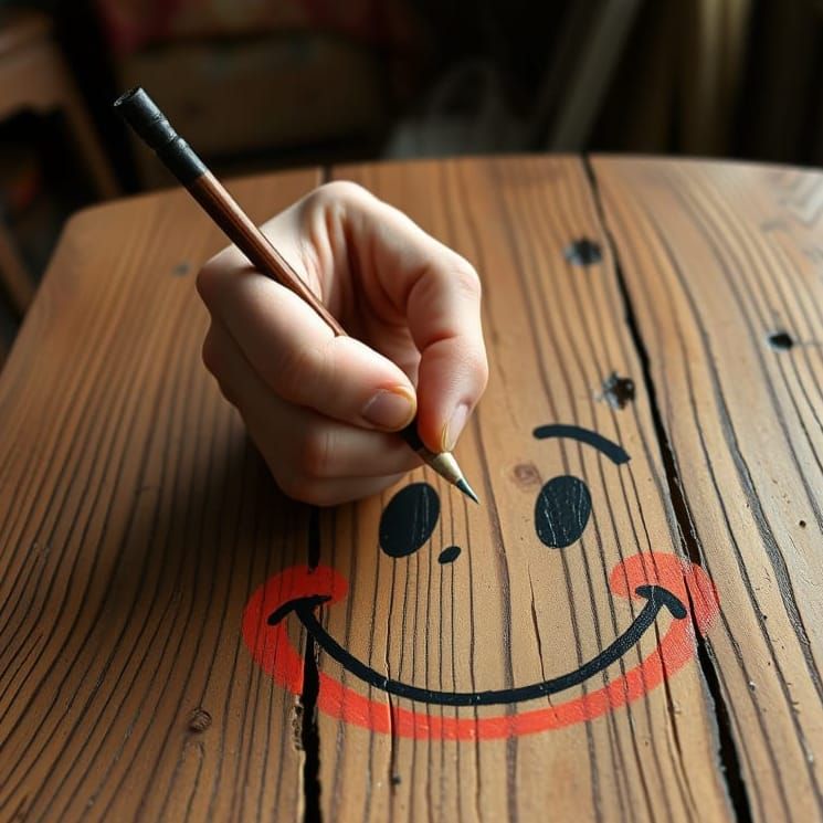Artist Creates Joyful Face on Weathered Table in Smooth Comi...