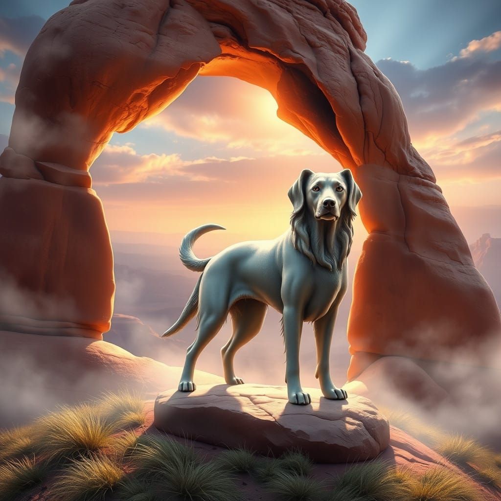 Surreal Dog Statue at Delicate Arch in Whimsical Fantasy Sty...