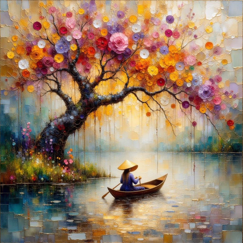 Vibrant Impressionist Waterscape with Blossoming Tree and Bo...
