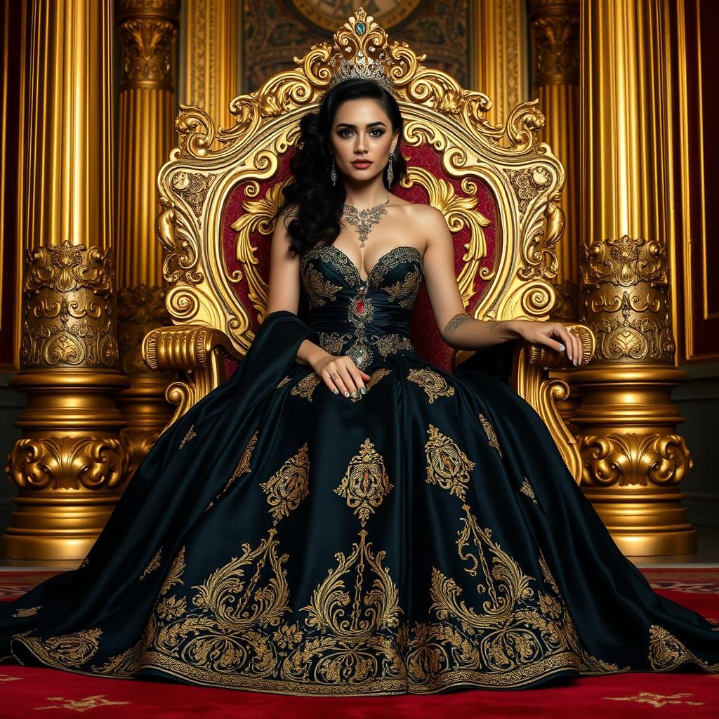 Regal Woman on Golden Throne with Elaborate Jewelry