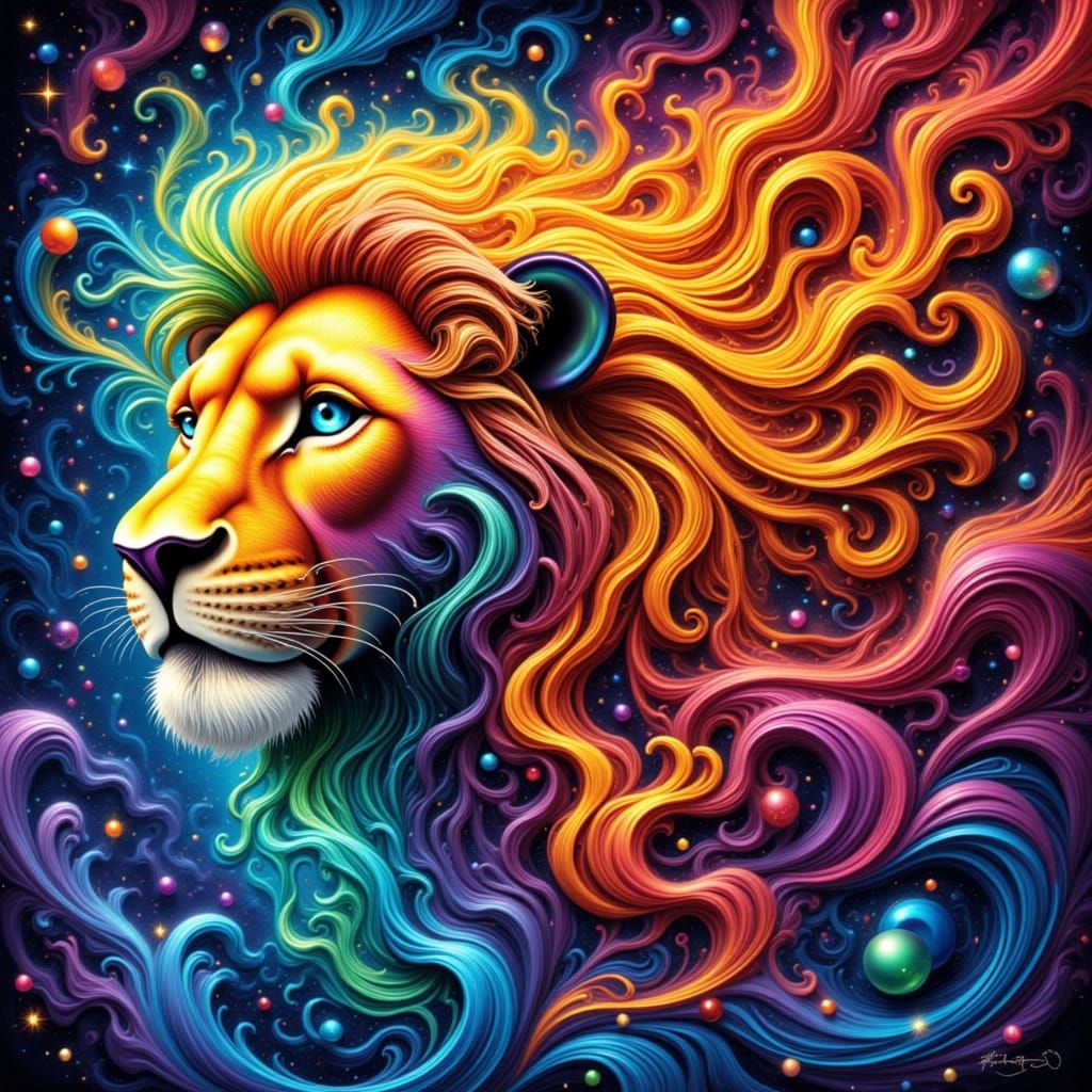 Majestic Lion Amidst Energetic Sound Waves and Swirls