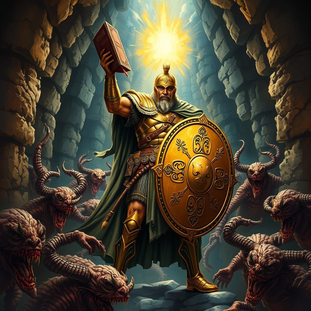 Christian Warrior in Dark Dungeon with Demons