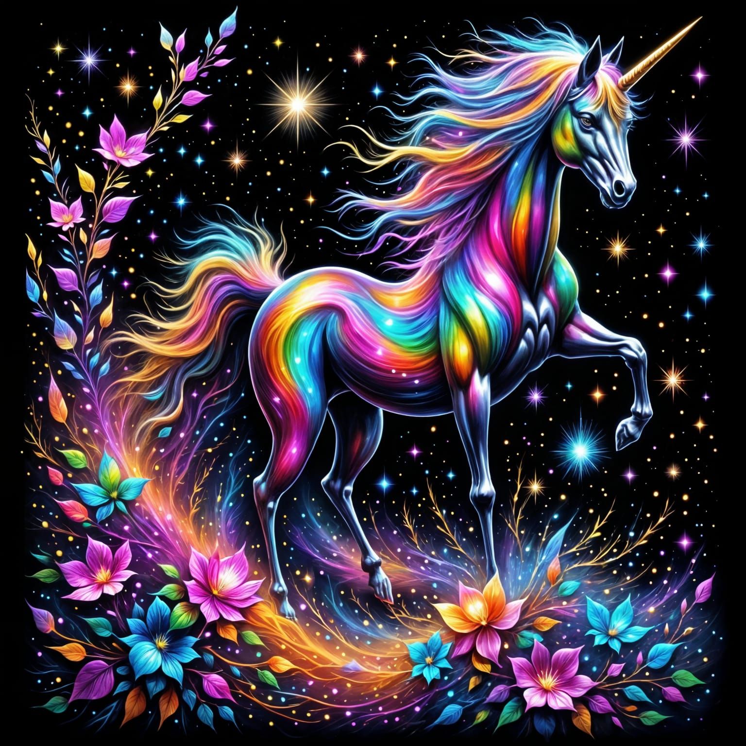 Celestial Unicorn Prances Through Galaxy in Pop Art