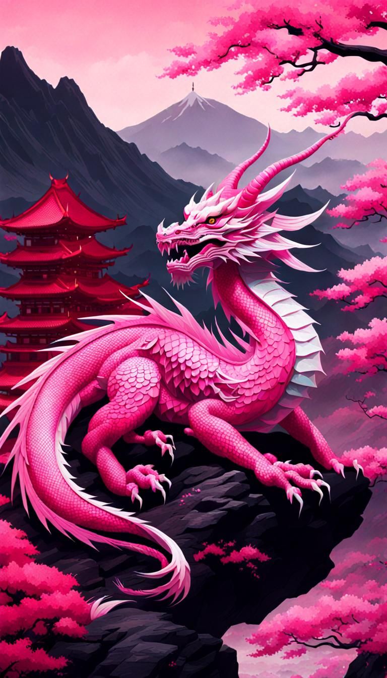Pink Dragon Portrait in Ukiyo-e Style