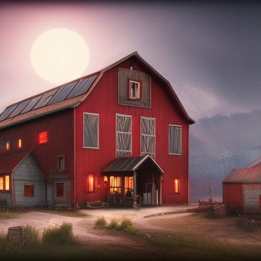 Solarpunk Farmhouse with Red Barn in Detailed Matte Painting