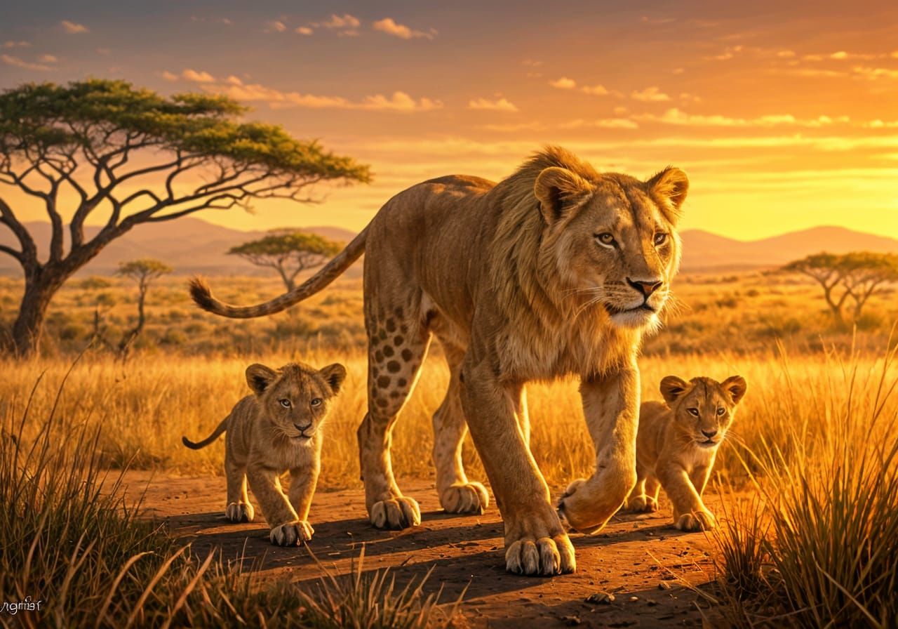 Regal Female Lion Roams Golden Savannah with Adorable Cubs